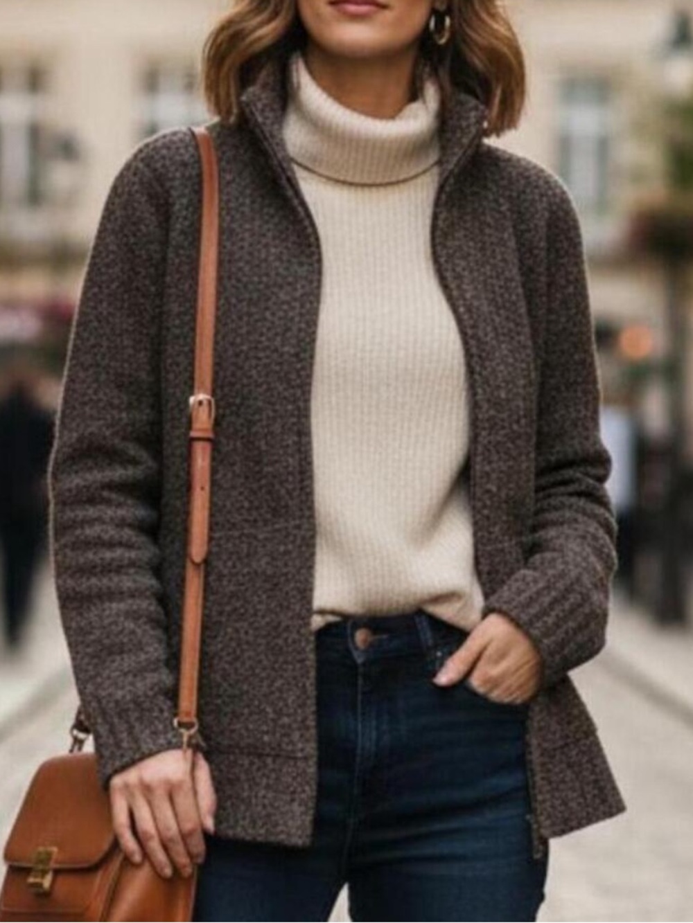 Cozy Brown Open-Front Knit Cardigan with Cream Turtleneck